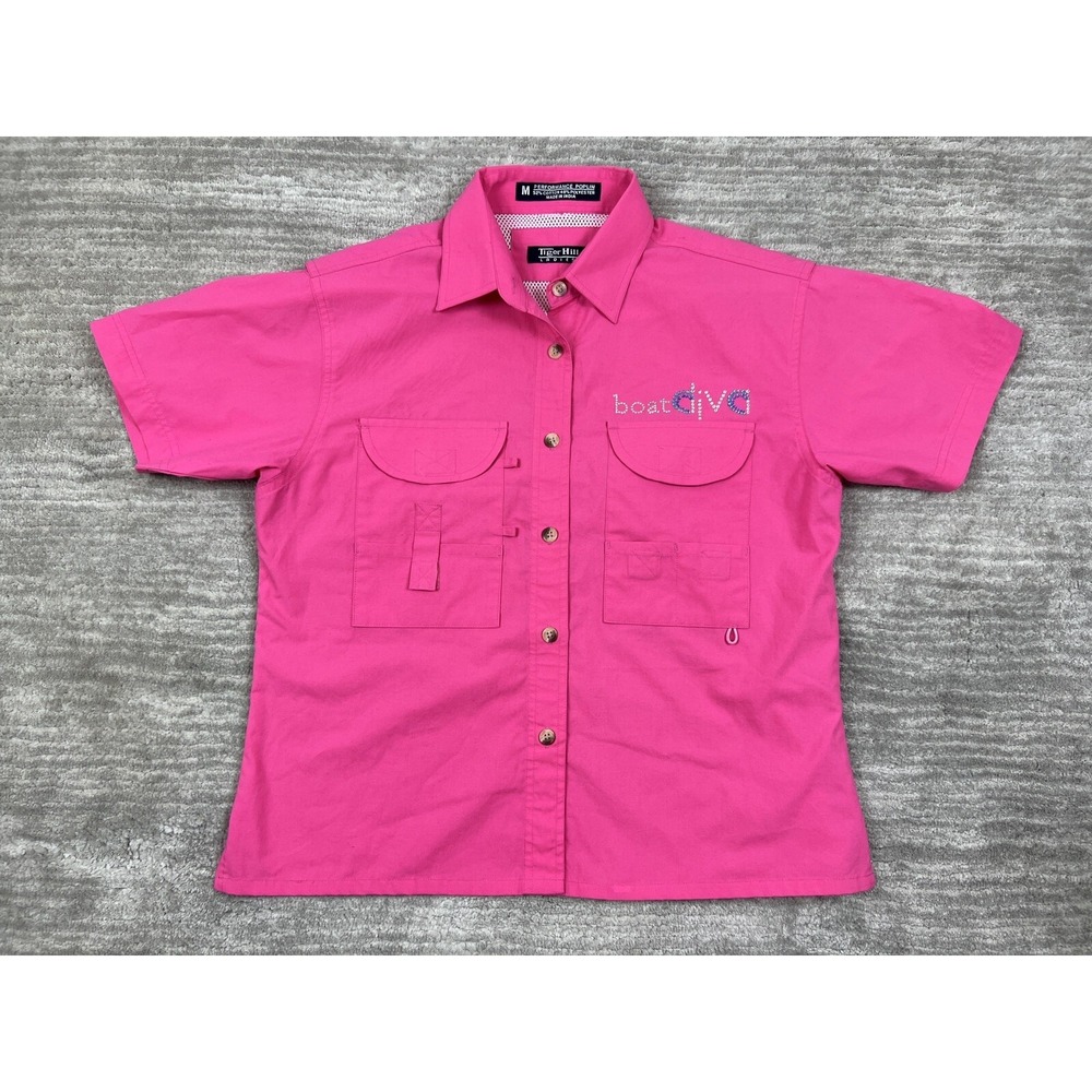 Tiger Hill Womens Shirt Medium Pink Performance Poplin Button Down Short‎ Sleeve